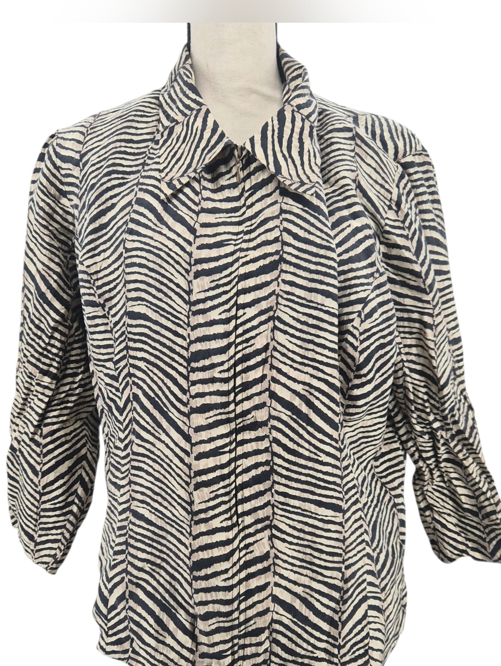 Silk Zebra-Print Zip Front Jacket in Black and‎ Cream | Dress Barn Sz 16